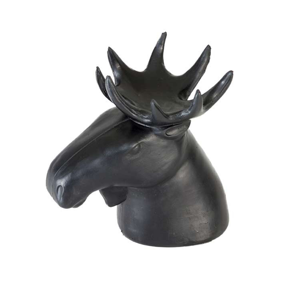 En svart stiliserad älghuvudskulptur med framstående horn visas mot en vanlig vit bakgrund. Skulpturen har en slät yta och minimalistiska drag.