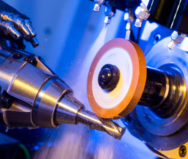 En närbild av en CNC-maskin i drift. Maskinen slipar en metallborr med hjälp av en roterande slipskiva. Scenen är upplyst med blått ljus, vilket framhäver de precisionstekniska verktygen.